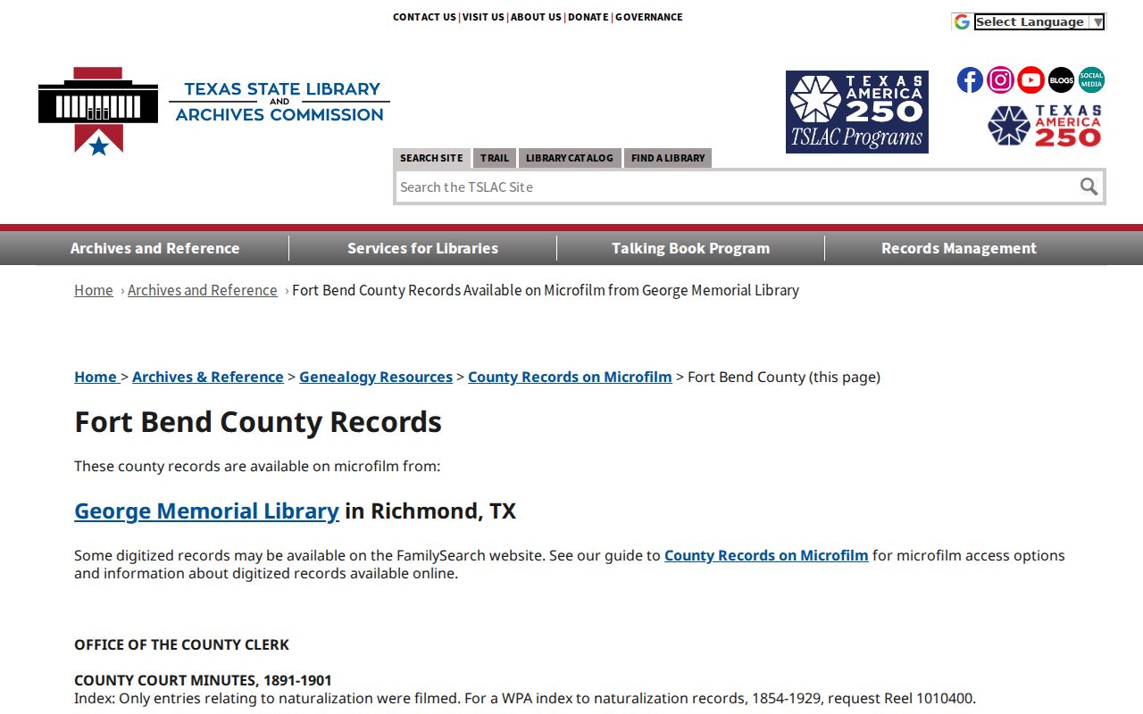Pecan Grove previous residents source for Fort Bend deed and probate microfilm coverage