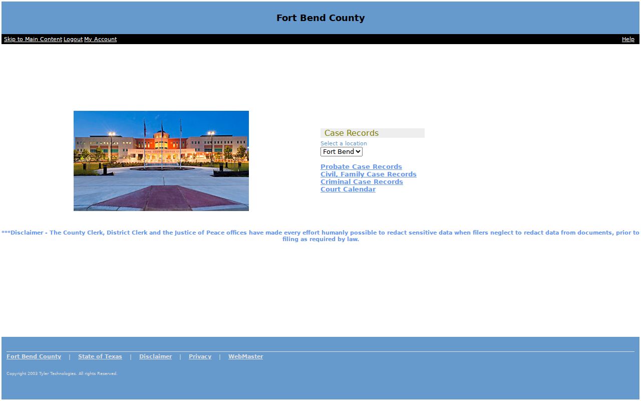 Pecan Grove resident lookup view of Fort Bend Odyssey court search